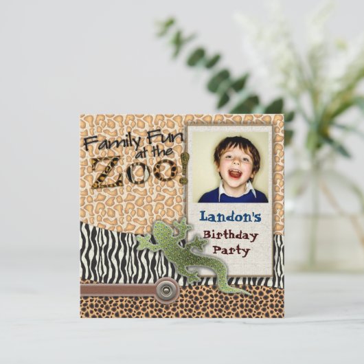 ワイルドリザードサファリ動物園誕生日写真招待状 招待状 (スタンド正面)