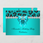 ワイルドレオパードティール（緑がかった色）ボウダイアモンバースデーパーティー 招待状 (正面/裏面)