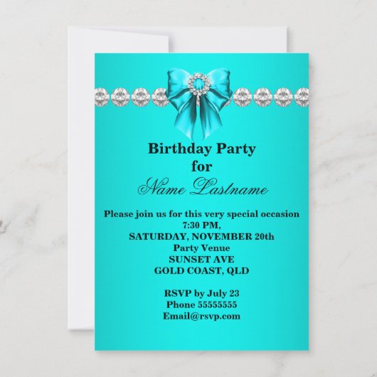 ワイルドレオパードティール（緑がかった色）ボウダイアモンバースデーパーティー 招待状 (裏面)