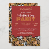 ワイルドレッドアニマルプリントハートバレンタインデーパーティー 招待状 (正面/裏面)