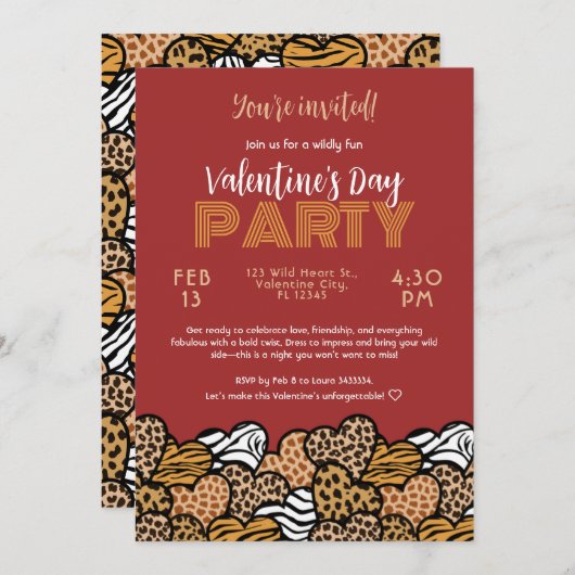 ワイルドレッドアニマルプリントハートバレンタインデーパーティー 招待状 (正面/裏面)