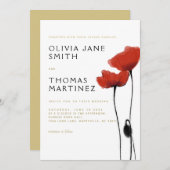 ワイルドレッドポピー素朴ズエレガント金ゴールド結婚シック 招待状 (正面/裏面)