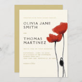 ワイルドレッドポピー金ゴールドベージュ色エレガ素朴ントウェディング 招待状 (正面/裏面)