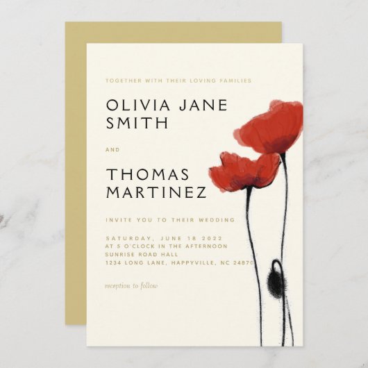 ワイルドレッドポピー金ゴールドベージュ色エレガ素朴ントウェディング 招待状 (正面/裏面)