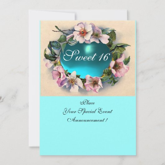 ワイルドローズとブルーリボンのスイート16フォトテンプレート 招待状 (裏面)