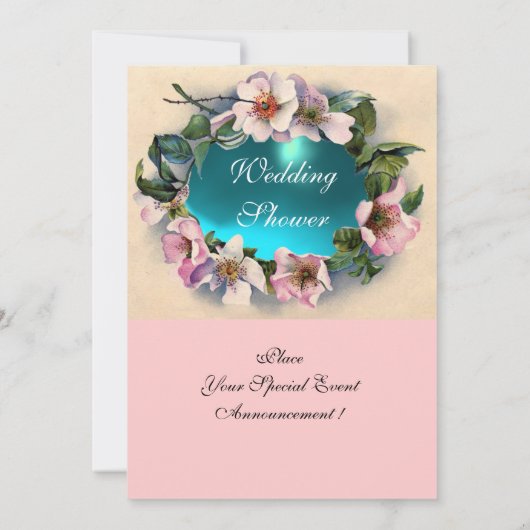 ワイルドローズにターコイズブルーのリボン、イニシャル 招待状 (裏面)