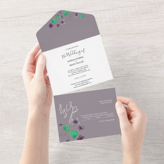 ワイルドワイオレットウォーターカラー絵を描ハンド オールインワン招待状 (貼ってはがせる)