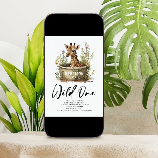 ワイルドワンかわいいキリン1stバースデーフォトアニマル 招待状