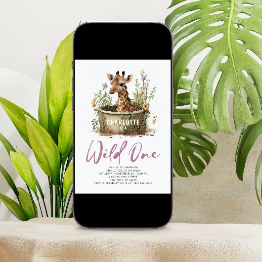 ワイルドワンかわいいキリン1stバースデーフォトアニマル 招待状