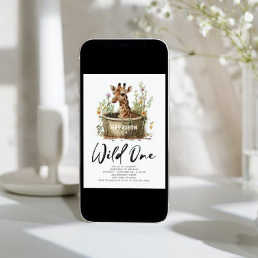 ワイルドワンかわいいキリン1st誕生日ボホ動物 招待状