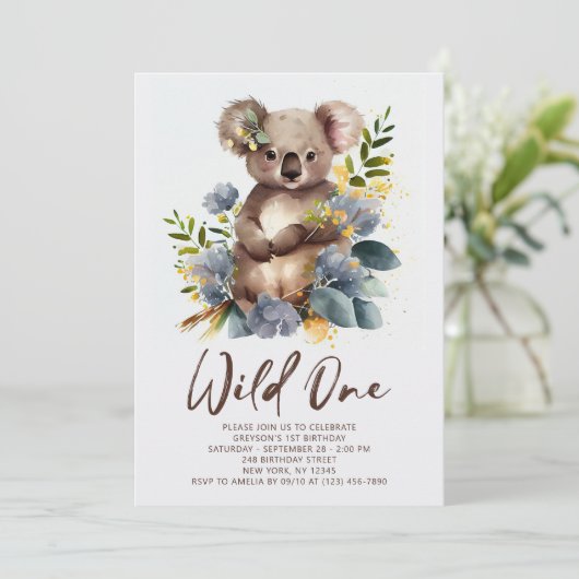 ワイルドワンかわいいコアラ1歳の誕生日の写真動物 招待状 (スタンド正面)