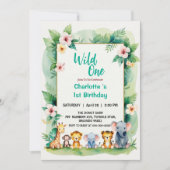 ワイルドワンかわいいジャングル動物の子どもの1歳の誕生日 招待状 (正面)
