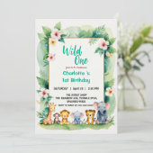ワイルドワンかわいいジャングル動物の子どもの1歳の誕生日 招待状 (スタンド正面)