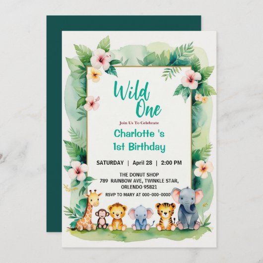 ワイルドワンかわいいジャングル動物の子どもの1歳の誕生日 招待状 (正面/裏面)