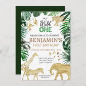 ワイルドワンかわいいジャングル動物の子どもの1歳の誕生日 招待状 (正面/裏面)
