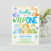 ワイルドワンかわいいベビー恐竜1歳の誕生日招待状 招待状 (スタンド正面)