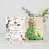 ワイルドワンかわいい恐竜1st誕生日パーティー写真 招待状 (スタンド正面)
