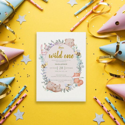 ワイルドワンかわいい森の動物たち1歳の誕生日 招待状