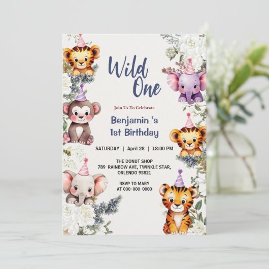 ワイルドワンかわいい花動物の子どもの誕生日 招待状 (スタンド正面)