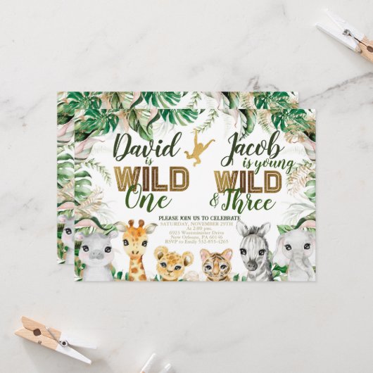 ワイルドワンとスリーコンビネーション動物園の第1回生誕日 招待状 (正面/裏面インサイチュ)