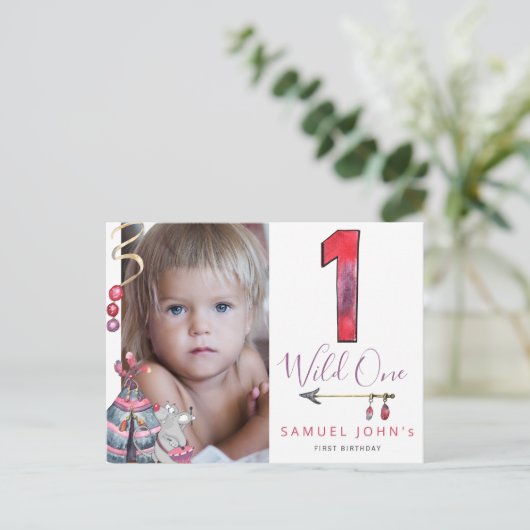 ワイルドワンの最初の誕生日の部族PHOTO少年のパーティー ポストカード (スタンド正面)