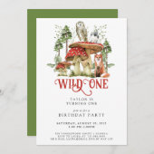 ワイルドワンの誕生日の森の動物 招待状 (正面/裏面)