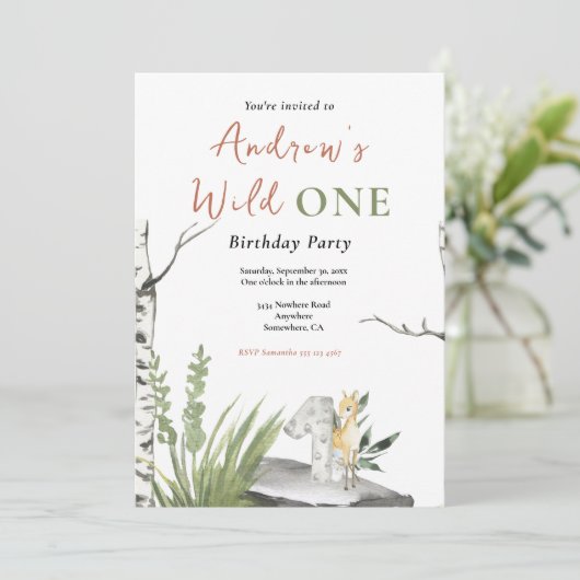 ワイルドワンの誕生日の水の色ブラウンフォレストファウン 招待状 (スタンド正面)
