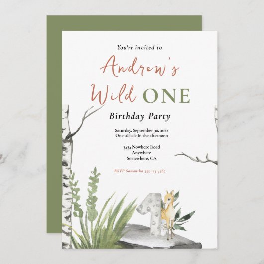 ワイルドワンの誕生日の水の色ブラウンフォレストファウン 招待状 (正面/裏面)