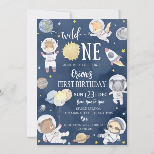 ワイルドワンアウタースペースサファリアニマルズ1st誕生日 招待状 (正面)