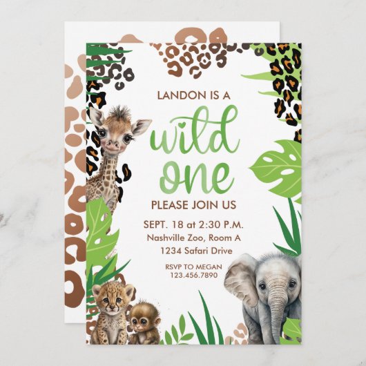 ワイルドワンアニマルサファリファースト誕生日 招待状 (正面/裏面)