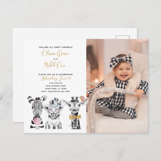 ワイルドワンアニマルサファリベビーの誕生日の写真 インビテーションポストカード (正面/裏面)