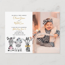 ワイルドワンアニマルサファリベビーの誕生日の写真 インビテーションポストカード
