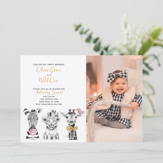 ワイルドワンアニマルサファリベビーの誕生日の写真 招待状 (スタンド正面)