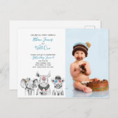 ワイルドワンアニマルサファリ男の赤ちゃん1stバースデーフォト インビテーションポストカード (正面/裏面)