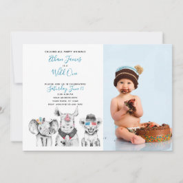 ワイルドワンアニマルサファリ男の赤ちゃん1stバースデーフォト 招待状