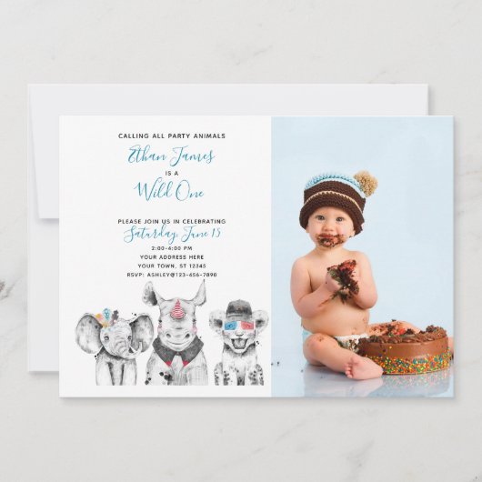 ワイルドワンアニマルサファリ男の赤ちゃん1stバースデーフォト 招待状 (正面)
