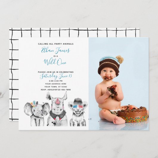 ワイルドワンアニマルサファリ男の赤ちゃん1stバースデーフォト 招待状 (正面/裏面)