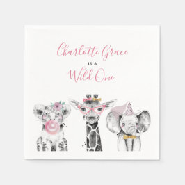 ワイルドワンアニマルサファリ白黒ピンク誕生日 スタンダードカクテルナプキン