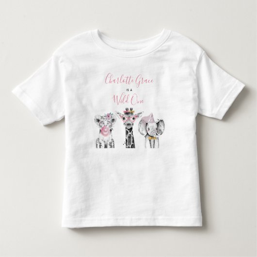 ワイルドワンアニマルサファリ白黒ピンク誕生日 トドラーTシャツ (正面)
