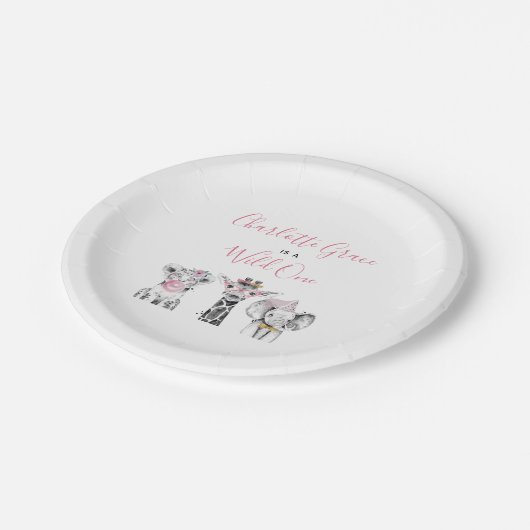 ワイルドワンアニマルサファリ白黒ピンク誕生日 ペーパープレート (アングル)