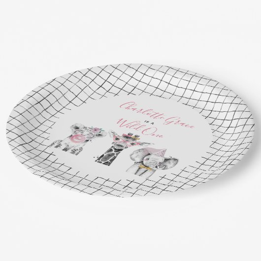 ワイルドワンアニマルサファリ白黒ピンク誕生日 ペーパープレート (アングル)