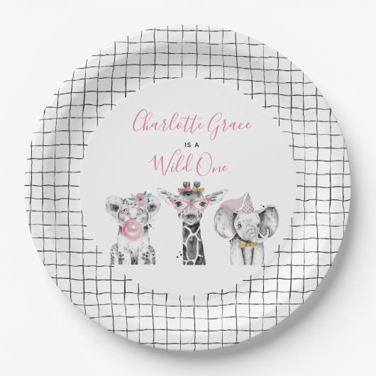 ワイルドワンアニマルサファリ白黒ピンク誕生日 ペーパープレート (正面)