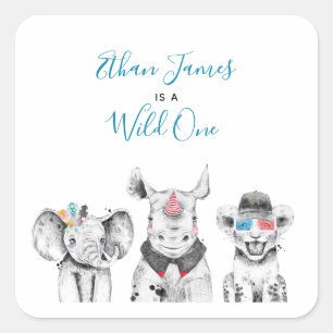 ワイルドワンアニマルサファリ白黒ブルー誕生日 スクエアシール