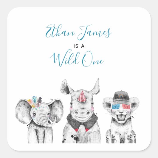 ワイルドワンアニマルサファリ白黒ブルー誕生日 スクエアシール (正面)