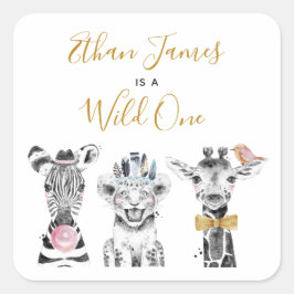ワイルドワンアニマルサファリ白黒金ゴールド誕生日 スクエアシール