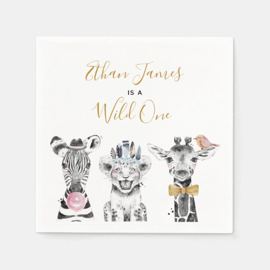 ワイルドワンアニマルサファリ白黒金ゴールド誕生日 スタンダードカクテルナプキン (正面)