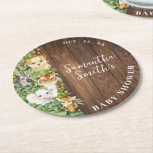ワイルドワンアニマルサファリ素朴ベイビーシャワー ラウンドペーパーコースター (アングル)