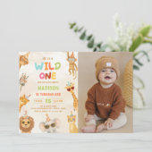 ワイルドワンアニマルサファリ1歳の誕生日写真 招待状 (スタンド正面)