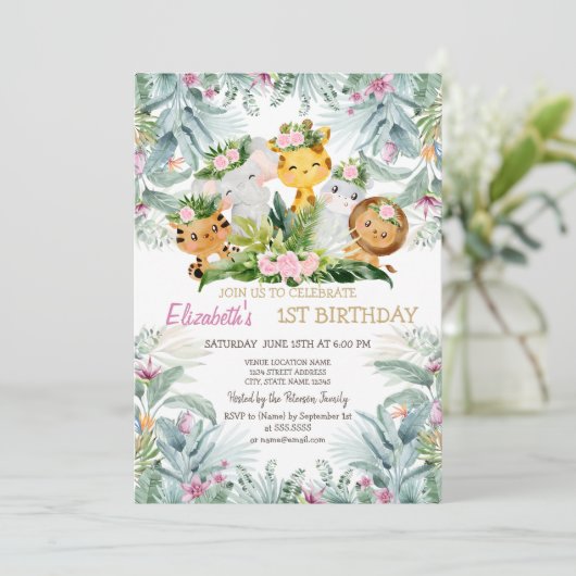 ワイルドワンアニマルトロピカルフローラ1st誕生日 招待状 (スタンド正面)