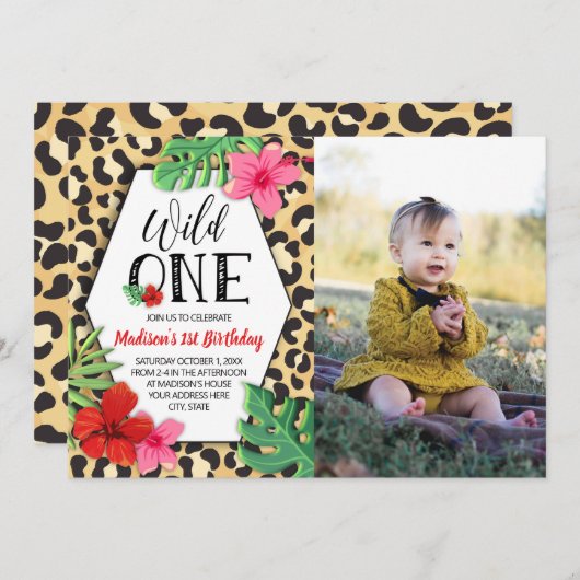 ワイルドワンアニマルプリントガールズファースト誕生日写真 招待状 (正面/裏面)